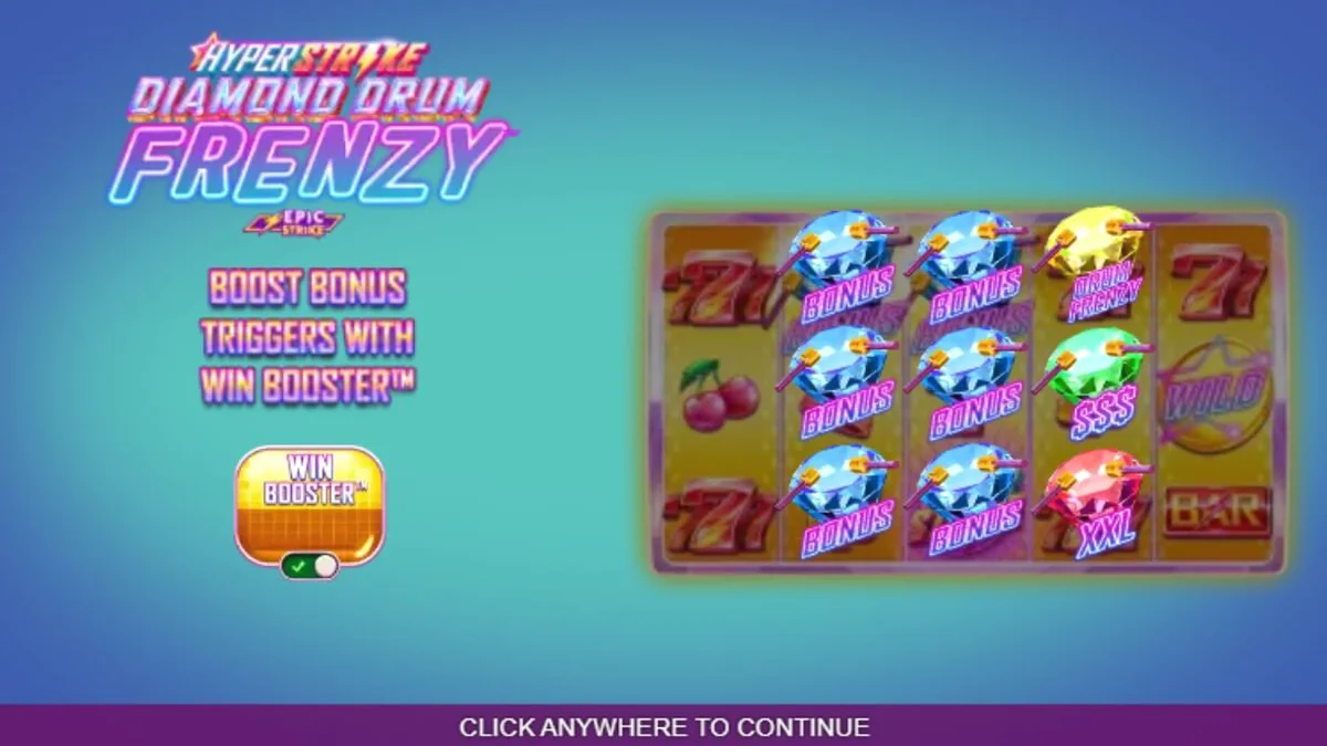 Tampilan visual slot Hyper Strike Diamond Drum Frenzy dengan elemen neon dan drum emas.