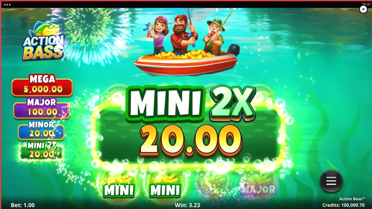 Pemandangan tepi danau yang tenang dalam permainan slot Action Bass